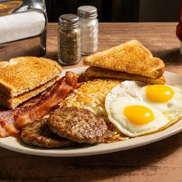 A diner breakfast plate with fried eggs, bacon, sausage, hash browns, toast, and orange juice.