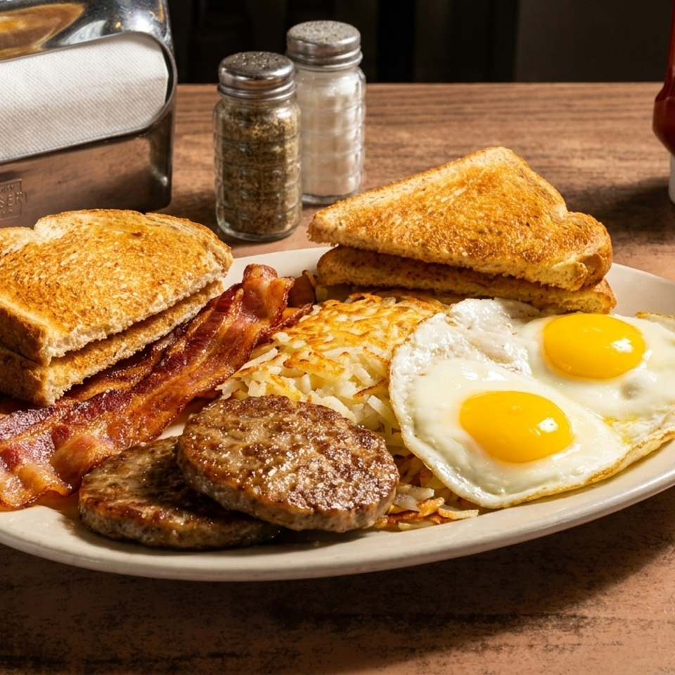 A diner breakfast plate with fried eggs, bacon, sausage, hash browns, toast, and orange juice.