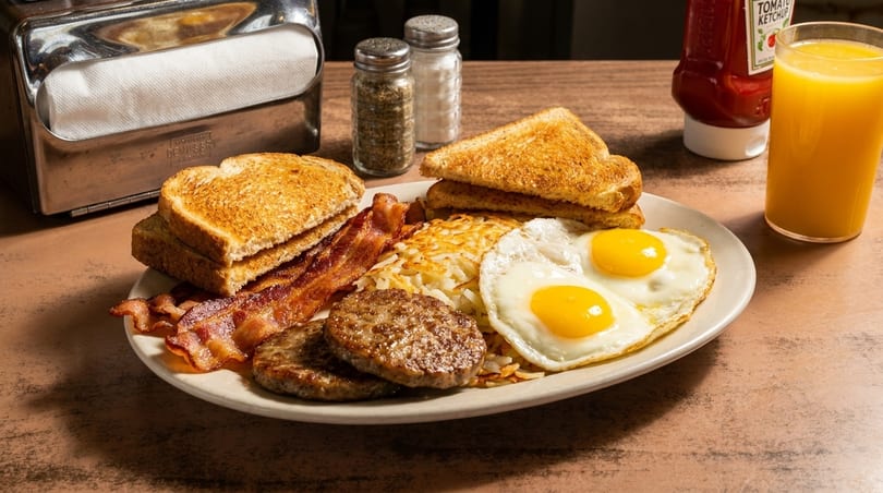 A diner breakfast plate with fried eggs, bacon, sausage, hash browns, toast, and orange juice.