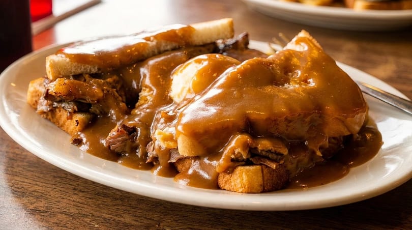 A hearty hot roast beef sandwich with mashed potatoes and gravy on a white plate.