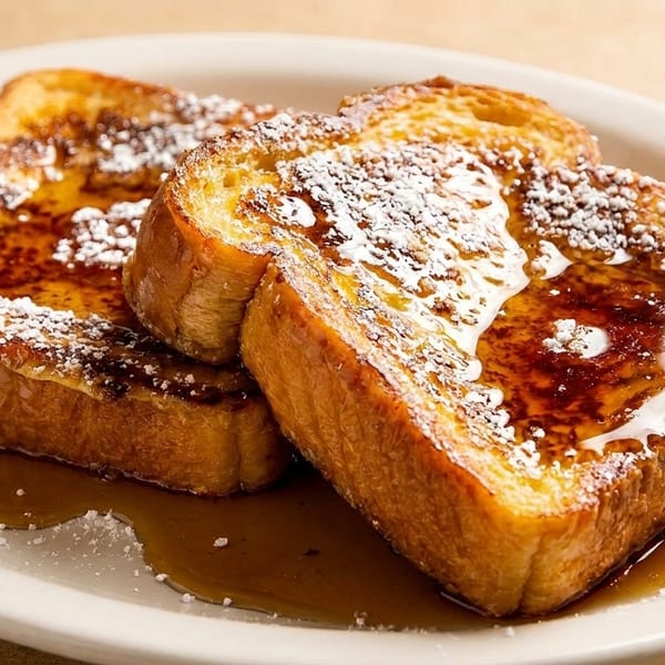 Two slices of golden French toast, drizzled with syrup and sprinkled with powdered sugar on a white plate.