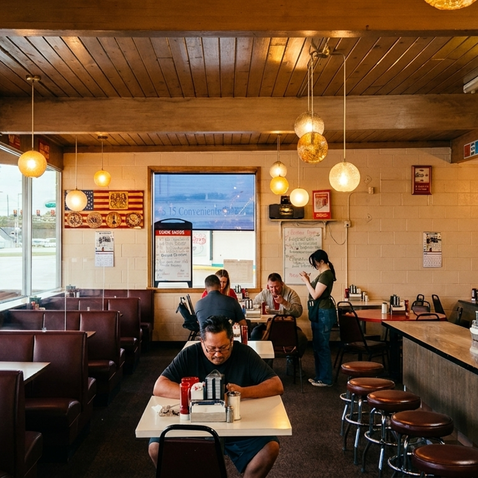 Diners eat in a retro-style restaurant with booths, bar seating, and large windows.