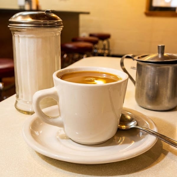 Coffee cup, sugar dispenser, and creamer on a diner table with bar stools in the background.