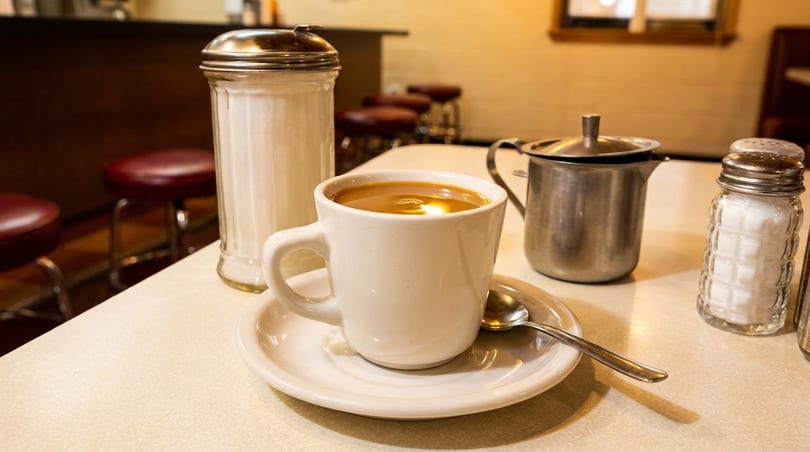Coffee cup, sugar dispenser, and creamer on a diner table with bar stools in the background.