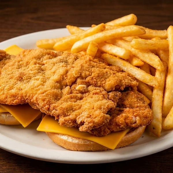 Crispy fried fish sandwich with melted cheese and a side of golden french fries on a white plate.
