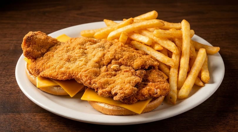 Crispy fried fish sandwich with melted cheese and a side of golden french fries on a white plate.